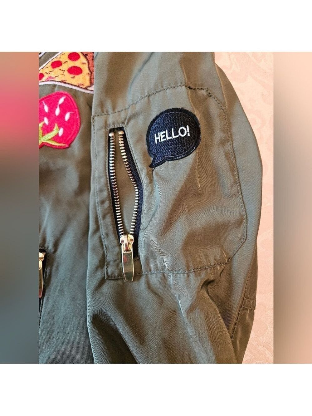 Atmosphere Green Bomber Jacket with Super Cool Unique Patches, Zippers, Size 10 - Picture 8 of 12